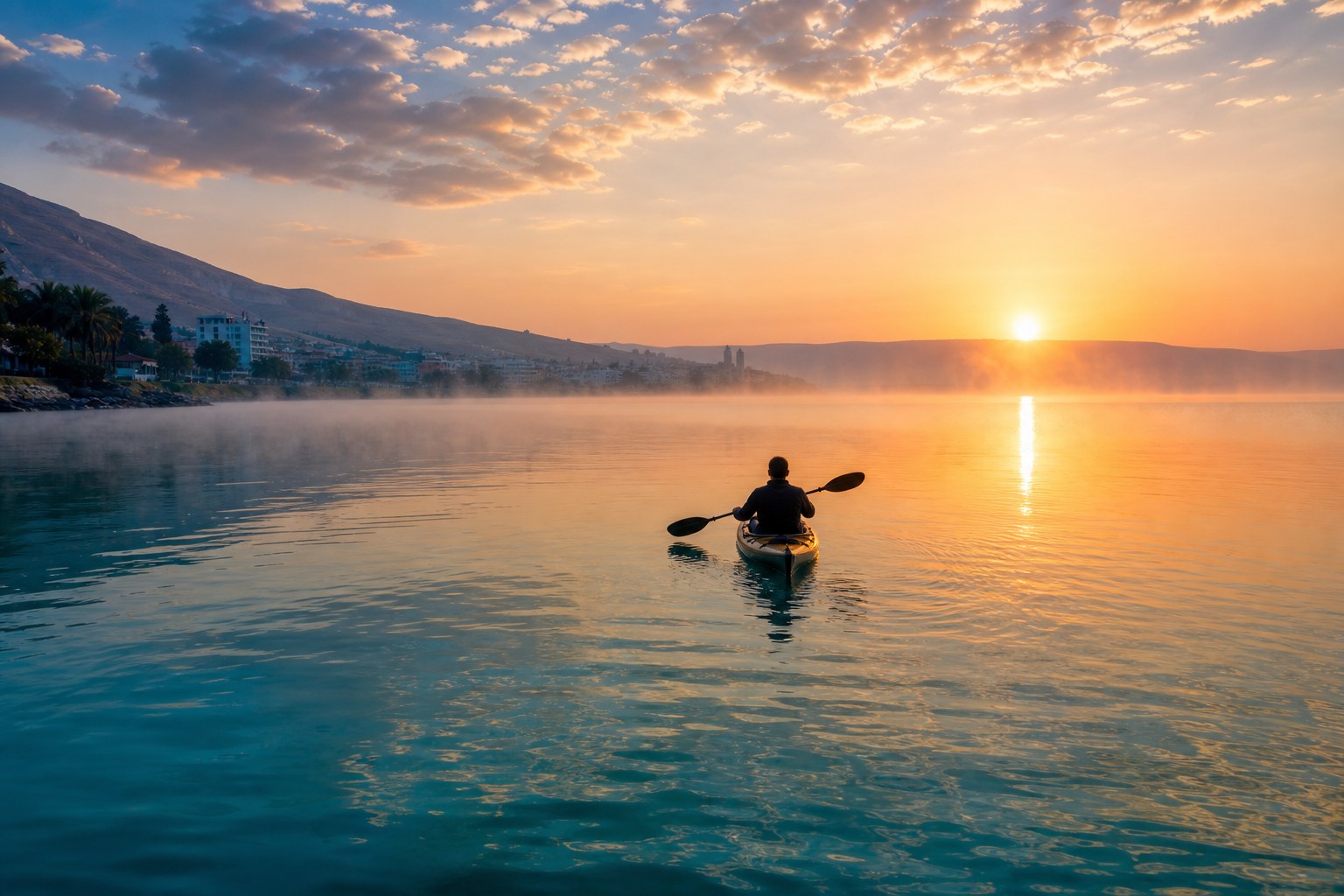 Kayak silhouette on glassy Sea of Galilee at dawn
