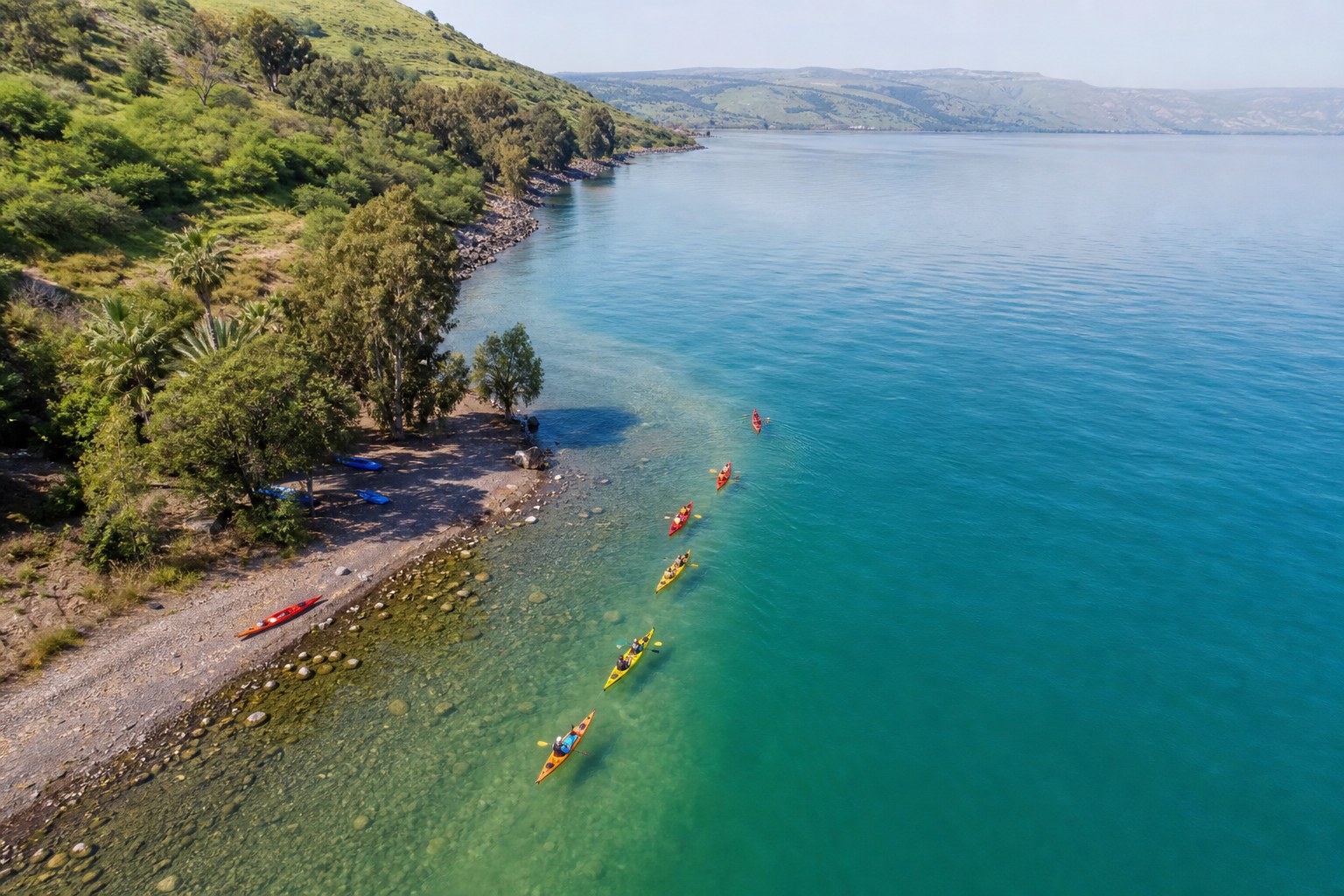 Aerial view of kayak route along Kinneret shoreline