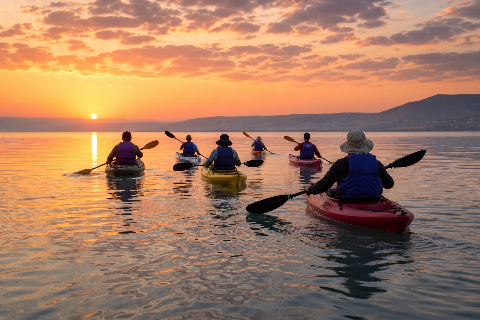 Group kayaking on the Sea of Galilee