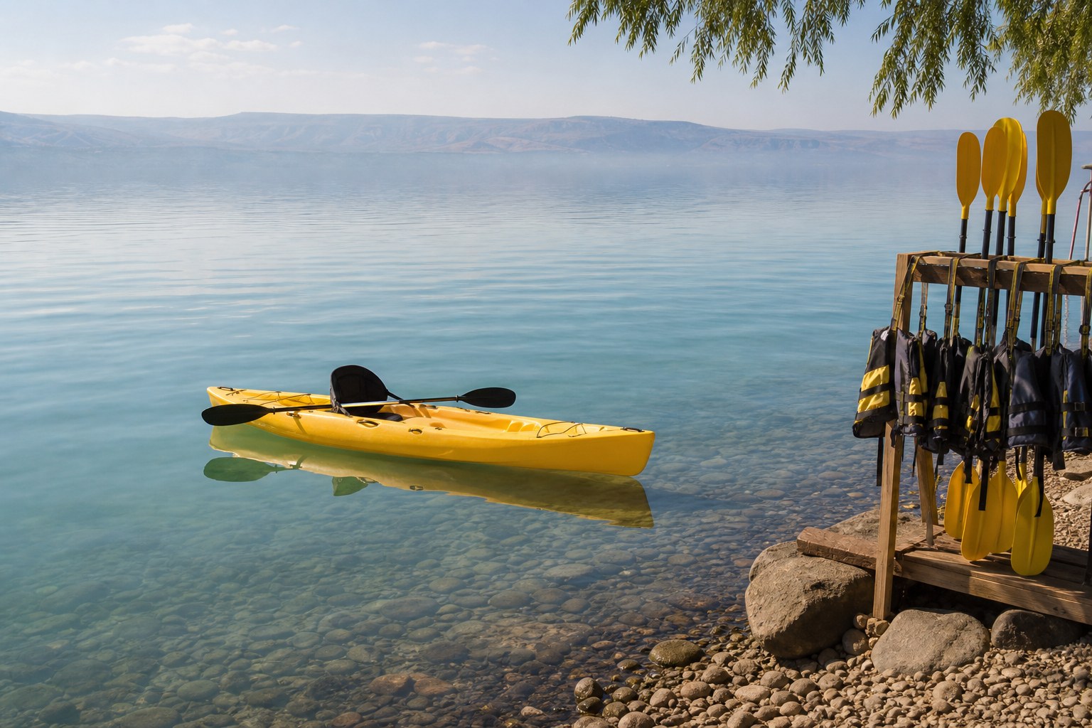 Single kayak on calm Kinneret water