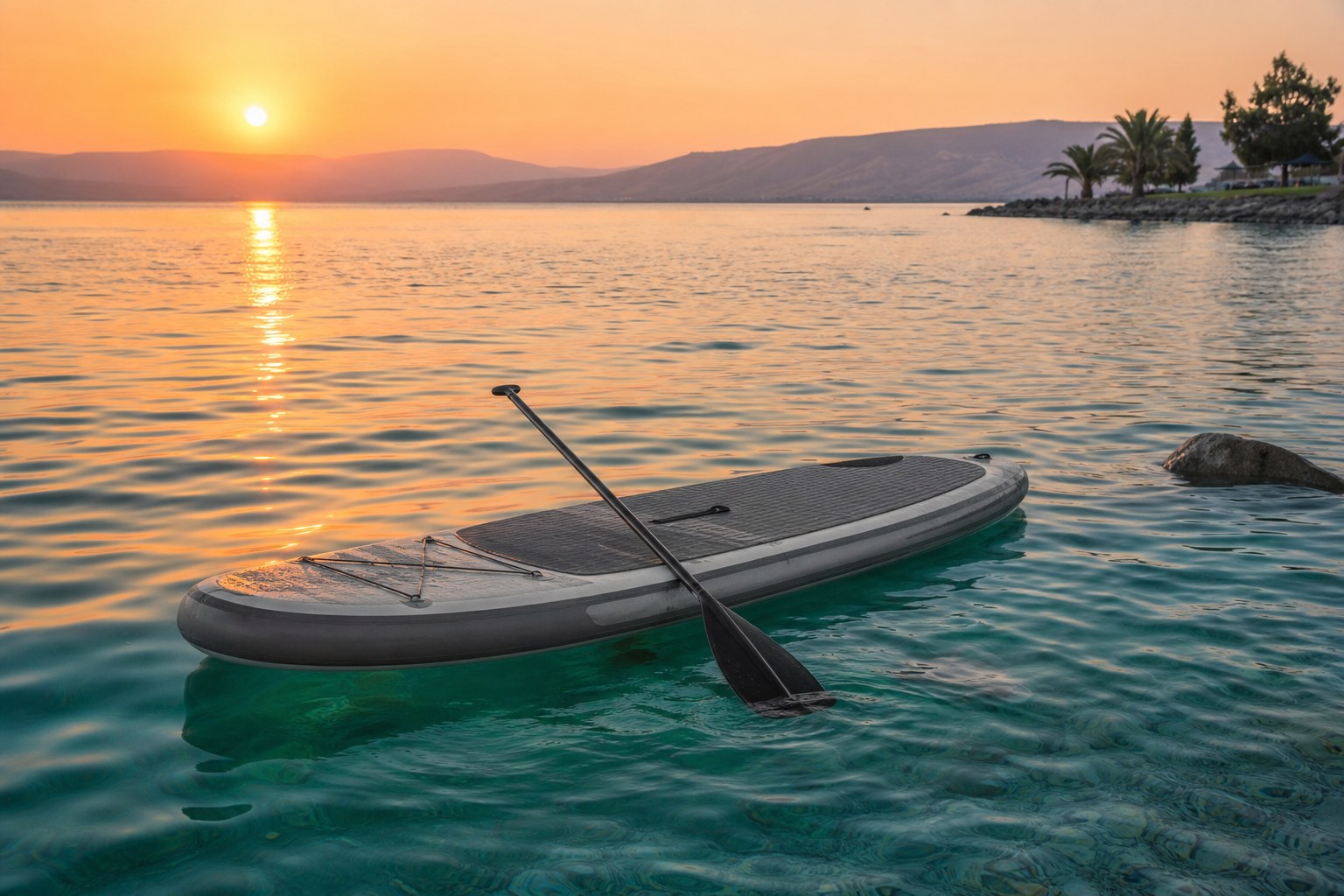SUP board at sunrise on the Sea of Galilee